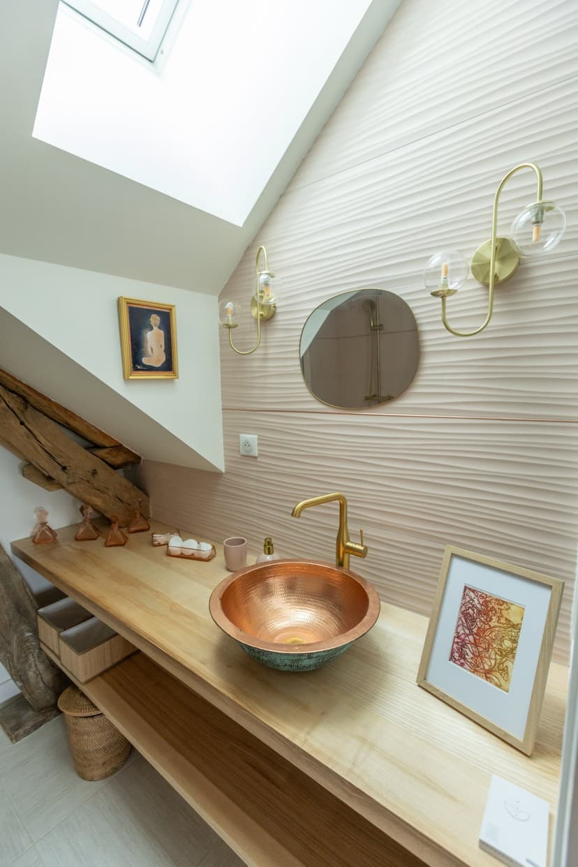 Salle de bain élégante avec lavabo en cuivre, robinetterie dorée, miroir rond et mur texturé blanc dans une villa