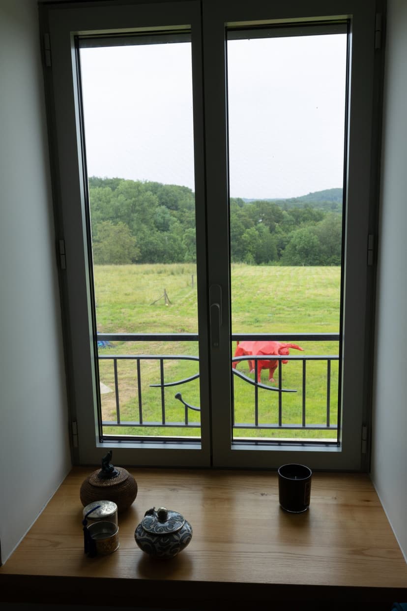 Balcón con vistas a praderas y bosques, tetera y objetos decorativos en alféizar, casa rural de lujo Dordoña